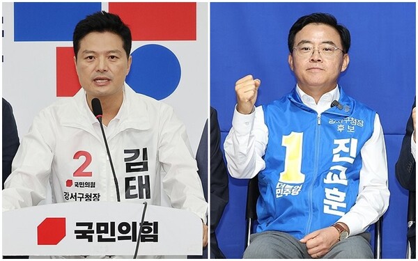 강서구청장 후보로 출마한 국민의힘 김태우 후보(왼쪽)와 더불어민주당 진교훈 후보. /연합뉴스