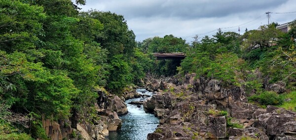 이와테현(岩手県) 겐비케이(厳美渓) 계곡. 울퉁불퉁 다이나믹한 바위 모양이 인상적이다. /사진=양은심