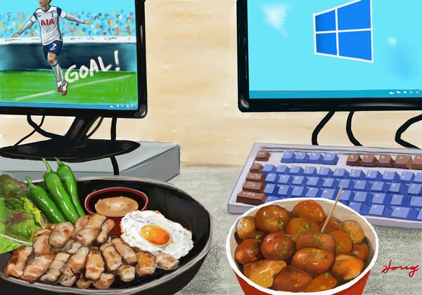 PC방 맛집이라는 유행을 끌어낸 선두 주자, 삼겹살과 다코야키 /그림=홍미옥, 갤럭시탭S6