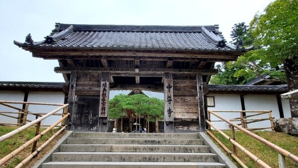 추손지 본당 입구. 경내에 도호쿠 지방에서 유명한 고령의 적송이 보인다. /사진=양은심