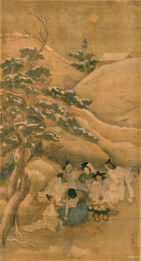 김홍도의 '설후야연'. 눈이 온 날 양반들이 몰래 산속에서 화로에 불을 피워 소고기를 구워 먹고 있다. 