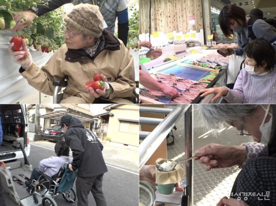개호보험 수급자들이 개호복지사와 함께 여행 프로그램을 이용하고 있는 모습. /김현우 기자