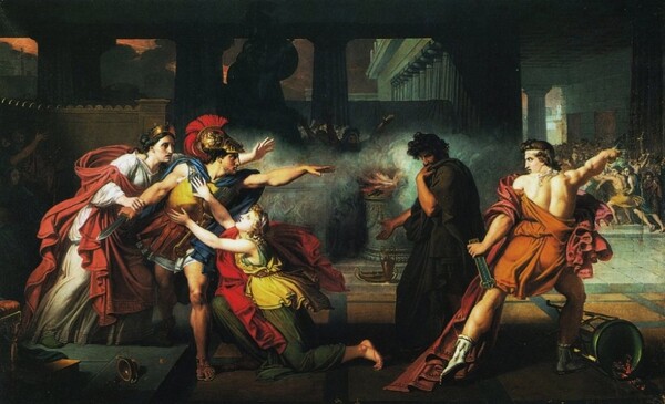 결투하는 오이디푸스의 두 아들과 이를 말리는 안티고네(1800경). 조반니 실바니