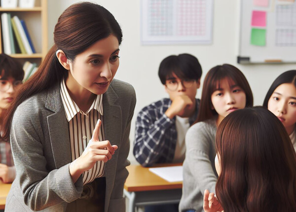수업 시간에 친구와 계속 말을 하는 학생에게 해야 하는 공감대화의 첫 말은 “급하니? (너느질) 지금 말해야 하는 거야?” 입니다. 학생은 놀라서 선생님을 바라보게 됩니다. AI 이미지 /Bing Chat