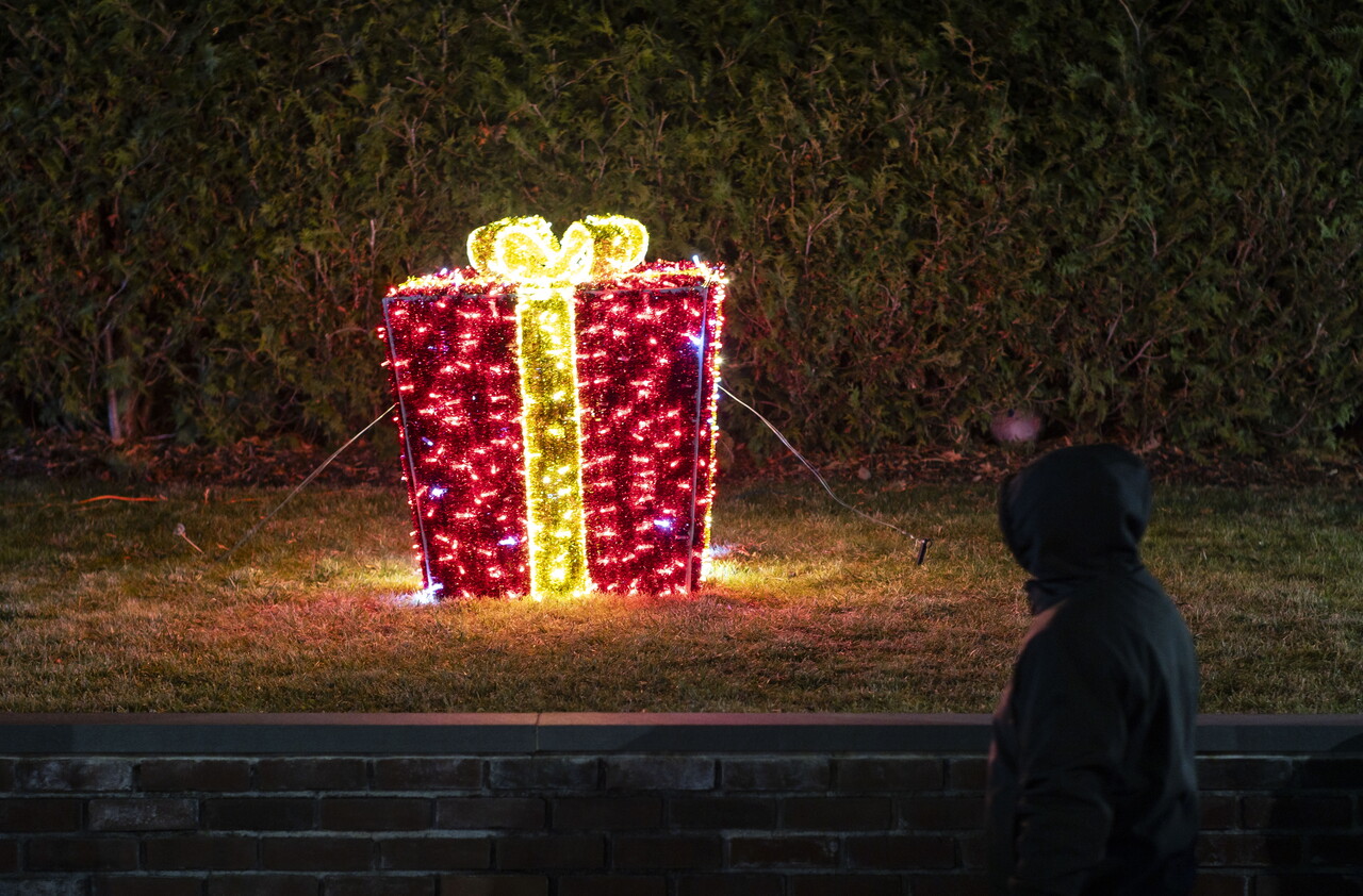 미국 뉴욕 브루클린의 다이커 하이츠(Dyker Heights) 인근 주택에 매년 장식되는 정교한 크리스마스 장식 중 선물 모양의 잔디 장식 /EPA=연합뉴스