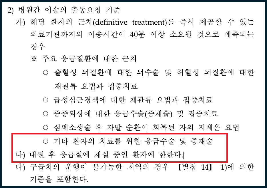 보건복지부, 응급의료 전용헬기 운용 세부지침 중 병원 간 이송의 출동 요청 기준. 내원 후 응급실에 재실 중인 환자인 이재명 대표를 병원 간 이송한 절차엔 문제가 없는 것으로 드러났다. /여성경제신문DB