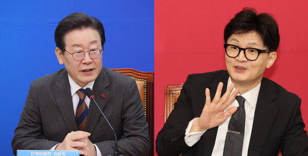 한동훈 국민의힘 비상대책위원장이 정가의 이슈를 블랙홀처럼 빨아들이면서 그동안 밋밋하게 흐르던 ‘윤석열 대 이재명’의 총선 구도가 ‘한동훈 대 이재명’ 프레임으로 급격하게 치환될 조짐도 보인다. 이재명 더불어민주당 대표(왼쪽)와 한동훈 국민의힘 비상대책위원장(오른쪽) 사진 합성 /연합뉴스