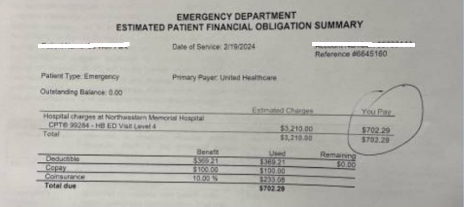 아이를 미국에 유학 보낸 김정윤 씨(가명·여·48)가 아들로부터 받은 응급실 진료비 청구서. 의사 진료와 약 처방을 받고 약 702달러(한화 약 90만원)가 청구됐다. /독자 제보