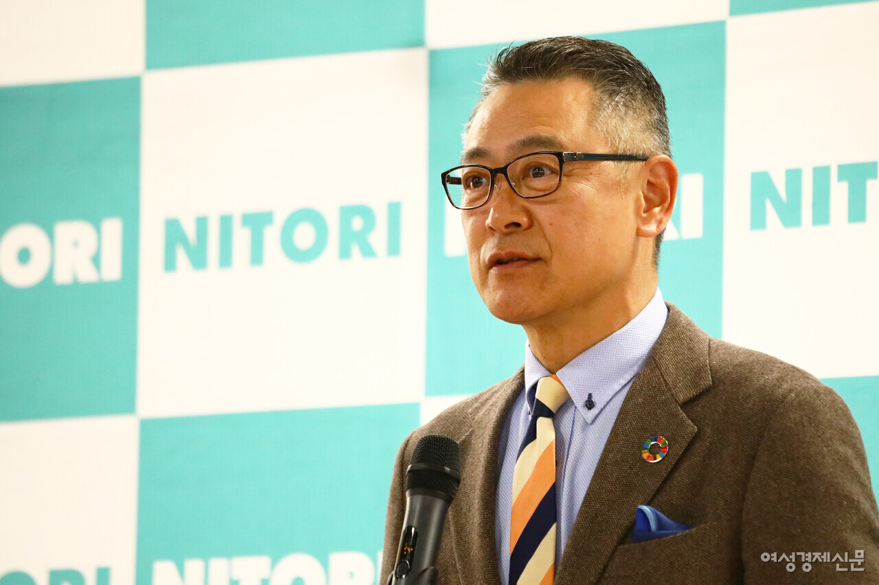 타케다 마사노리 니토리홀딩스 부회장(니토리코리아 회장)이 22일 오전 니토리 국내 2호점 개점을 기념해 홈플러스 영등포점 2층에서 열린 오프닝 세레모니 행사에서 축사를 하고 있다. /류빈 기자