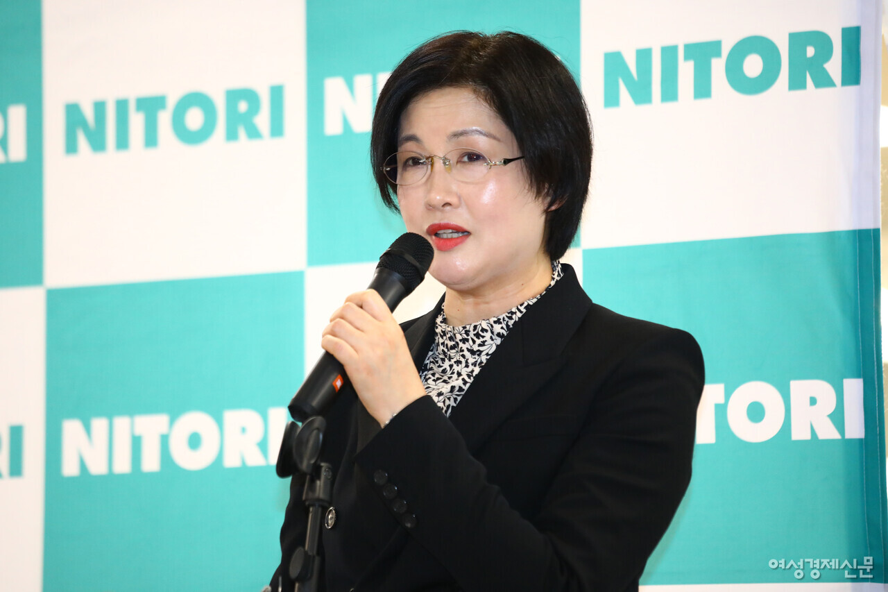 조주연 홈플러스 사장이 22일 오전 니토리 국내 2호점 개점을 기념해 홈플러스 영등포점 2층에서 열린 오프닝 세레모니 행사에서 축사를 하고 있다. /류빈 기자