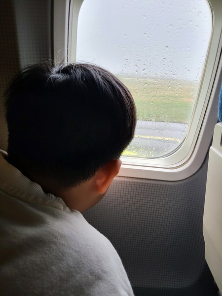 비행기 창문에서 눈을 떼지 못하며 좋아하는 손자 /송미옥