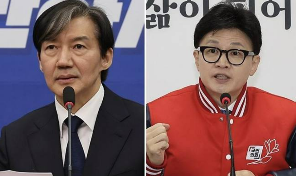 조국 조국혁신당 대표(왼쪽)와 한동훈 국민의힘 비상대책위원장(오른쪽)이다. /연합뉴스