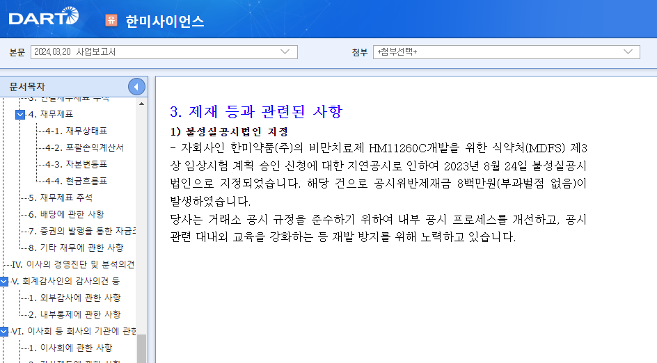 금융감독원 전자공시시스템에 공시된 한미약품의 '리베이트' 관련 행정제재 현황. /금융감독원 전자공시시스템