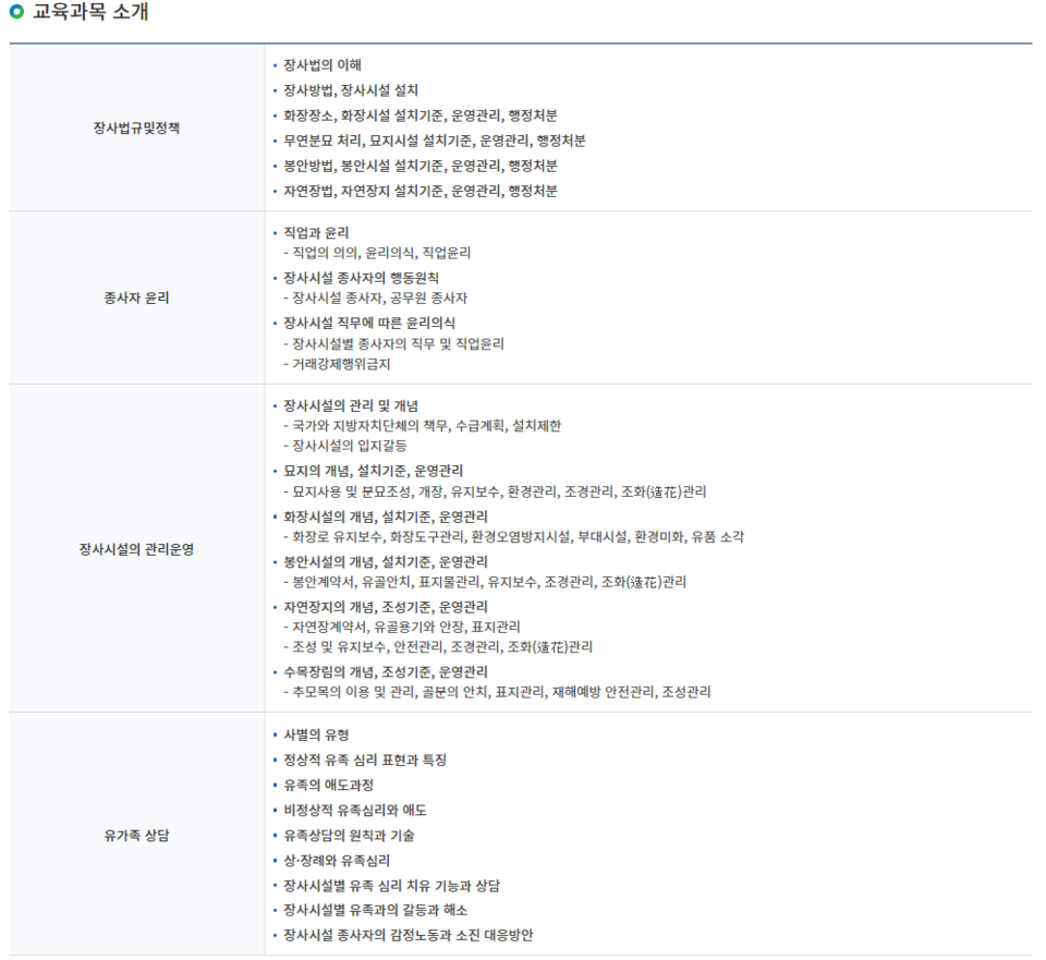 장사시설 종사자에 대한 교육 과목 /한국장례문화진흥원
