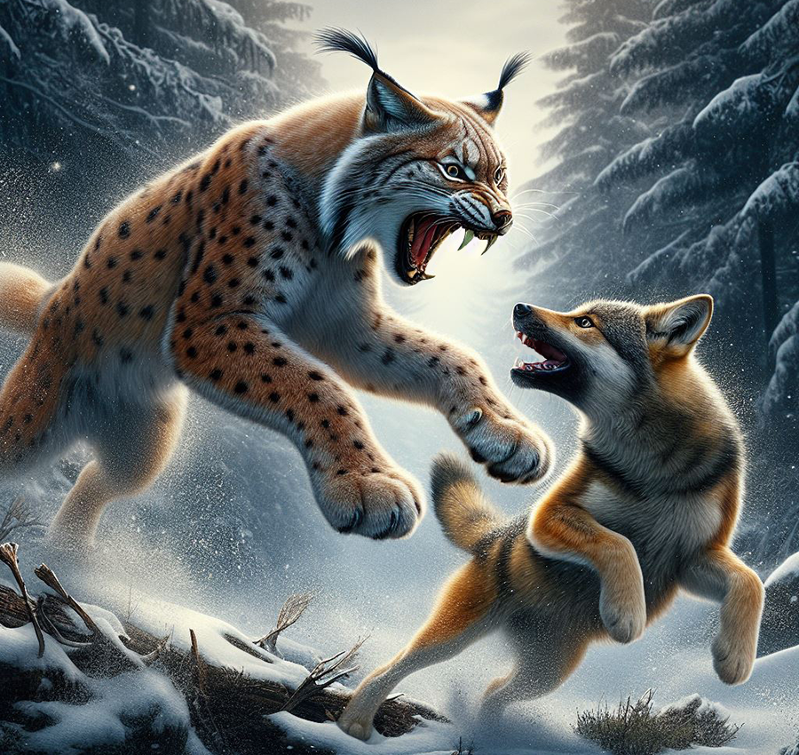 살쾡이는 지모가 뛰어나 진돗개를 전략적으로 압도한다. /bing image creator