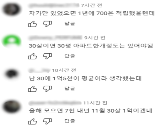 유튜브나 인스타그램 등지에서 '나이 30이면 돈 얼마 있어야 할까', '30에 돈 5000 모은 사람 보면 어떻게 생각하는가' 같은 제목의 사람들의 생각을 묻는 콘텐츠가 인기를 끌고 있다. /유튜브 캡쳐