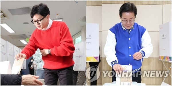 사전투표 참여하는 국민의힘 한동훈 비상대책위원장(왼쪽)과 더불어민주당 이재명 대표 /연합뉴스