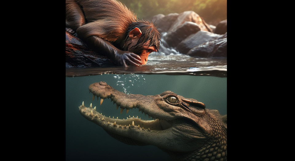 물을 마셔야 하는 원숭이는 언젠가는 코앞에서 악어와 마주친다. /bing image creator