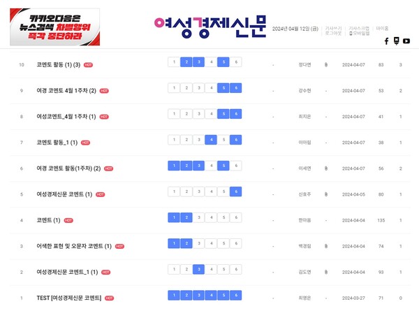 1기 여경 코멘토의 4월 1주 차 코멘토 활동 리스트 /여성경제신문 홈페이지 화면 캡처