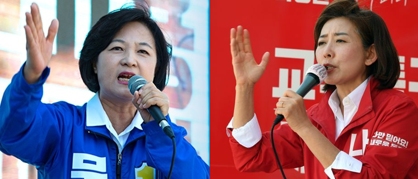 제22대 국회의원 선거에 출마한 추미애 전 법무부장관과 나경원 전 의원이 유세 연설을 하고 있다. /각 후보 캠프