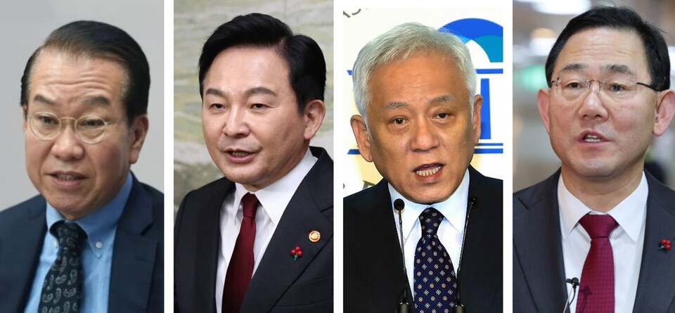 왼쪽부터 권영세 국민의힘 의원, 원희룡 전 국토부 장관, 김한길 국민통합위원장, 주호영 국민의힘 의원이다. /연합뉴스