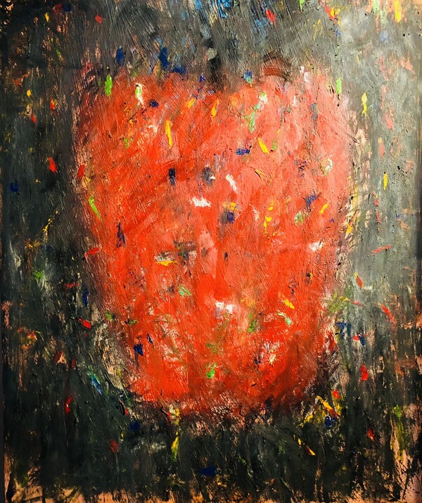 익숙한 세계에서 벗어나 전혀 다른 화가의 길로 건너는 동안 사정 많았을 그간의 통과의례에 '얼마나 많은 고난과 당혹스러움이 있었을까?' 상상하며 그가 10년 동안 그린 100여 점 그림들을 천천히 바라보며 음미하는 여정으로 내 하루의 시간을 그와 함께 보냈지요. 박신양의 '사과' /최익준