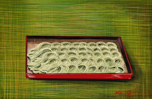 소설 '설국'의 무대인 니가타현의 대표 음식인 '헤기소바'. 네모난 그릇에 해초가 함유된 소바가 가지런히 담겨 나온다. /그림= 홍미옥, 갤럭시탭s6