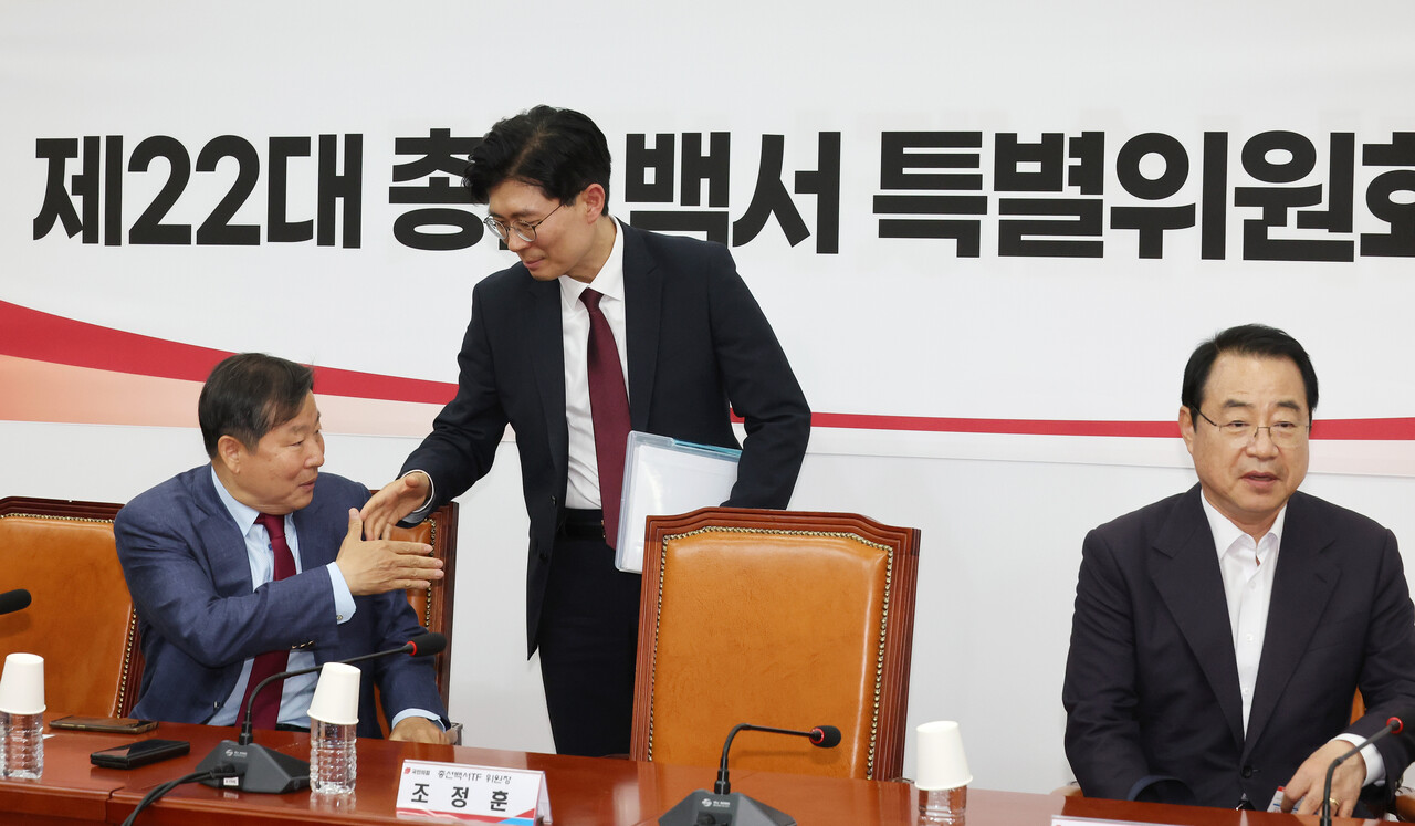 조정훈 국민의힘 총선백서TF 위원장과 이철규 의원(왼쪽)이 지난 5월 17일 국회에서 열린 제22대 총선백서 특별위원회 전체 회의에 참석해 인사하고 있다. 오른쪽은 정영환 전 공천관리위원장. /연합뉴스