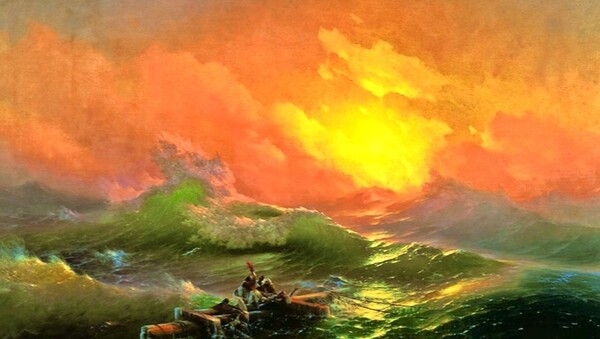 죽음과 난파선만을 남긴 폭풍의 아홉 번째 파도에 맞서 밤새 사투를 벌인 어부들은 기진맥진 포기하려는 마음과 살아남으려는 의지 그 찰나의 틈바구니에서 떠 오른 붉은 태양 빛을 바라보며 살 수 있다는 실낱같은 희망 하나로 사투하며 돛대를 붙잡고 있습니다. /그림=이반 아이바좁스키, 아홉 번째의 파도, 1850, 러시아 미술관