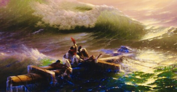 파도를 응시하며 붉은 장밋빛 스카프를 흔드는 사내를 보니 뜨거운 울컥함이 목젖을 따라 오릅니다. 순간 아홉 번째 파도 앞에 선 그 사내는 나 자신이 되어 장밋빛 스카프를 힘차게 흔들며 소리칩니다. /그림=이반 아이바좁스키, '아홉 번째의 파도' 전체 그림의 부분, 1850, 러시아 미술관