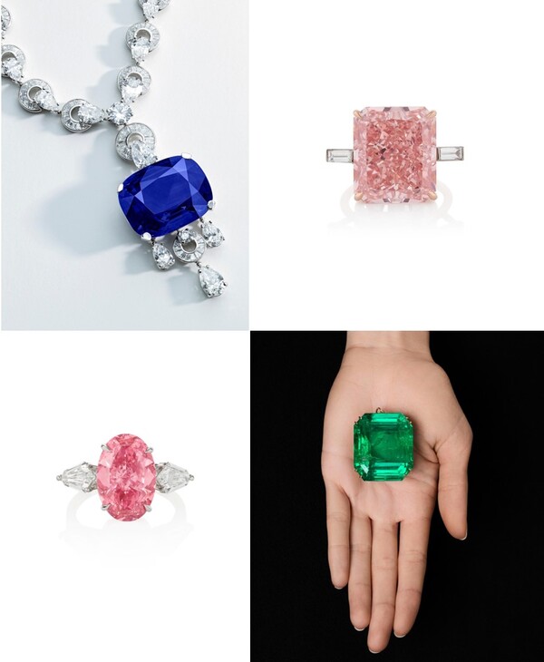 (위 왼쪽부터) 118.35캐럿의 실론 비가열 사파이어를 세팅한 불가리 사파이어와 다이아몬드 목걸이, 20.19캐럿의 팬시 인텐스 핑크 다이아몬드 반지 (아래 왼쪽부터) 6.21캐럿의 팬시 비비드 핑크 다이아몬드(타입 IIa), 280.84캐럿의 콜롬비아 산 에메랄드 /Phillips Auction