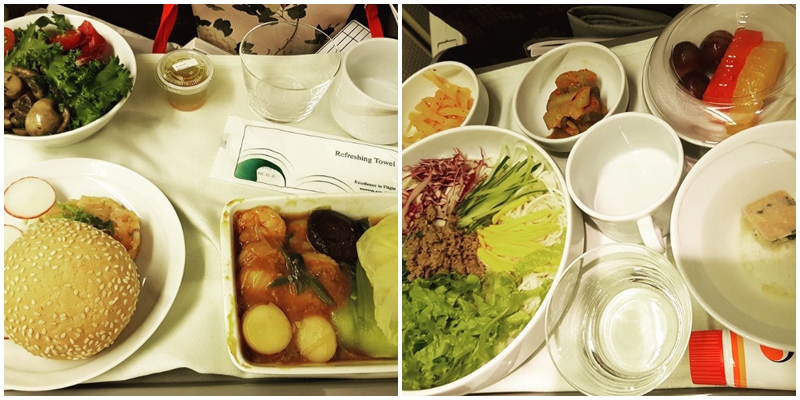 2018년 청와대가 공개한 대통령 전용기 기내식으로 왼쪽이 샐러드와 햄버거, 오른쪽이 비빔밥 /문재인 정부 청와대 인스타그램