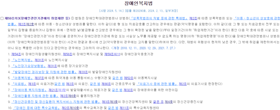 장애인복지법 제59조의3에 따르면 장애인 학대 관련 범죄나 성범죄로 형 또는 치료감호를 선고받은 사람은 장애인복지시설 등 장애인 관련기관에의 취업을 제한하고 있다. 해당 규제에 따른 기관에 장애인 표준사업장은 해당하지 않는다. /국가법령정보센터