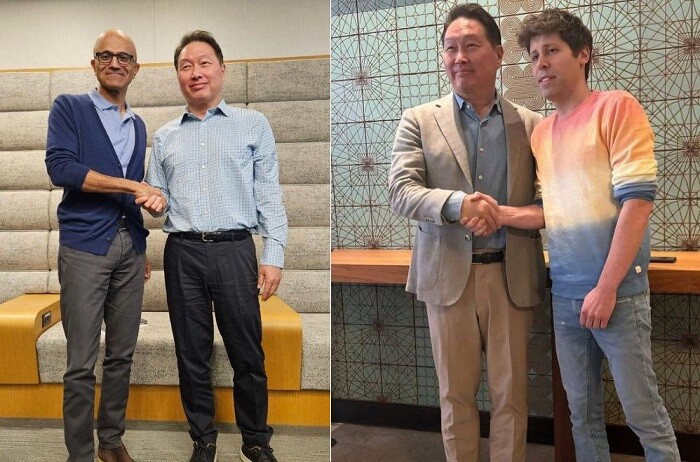 최태원 SK그룹 회장이 사티아 나델라 마이크로소프트 CEO(왼쪽), 샘 올트먼 오픈AI CEO와 함께 한 근황을 자신의 SNS를 통해 공개했다. /최태원 회장 SNS