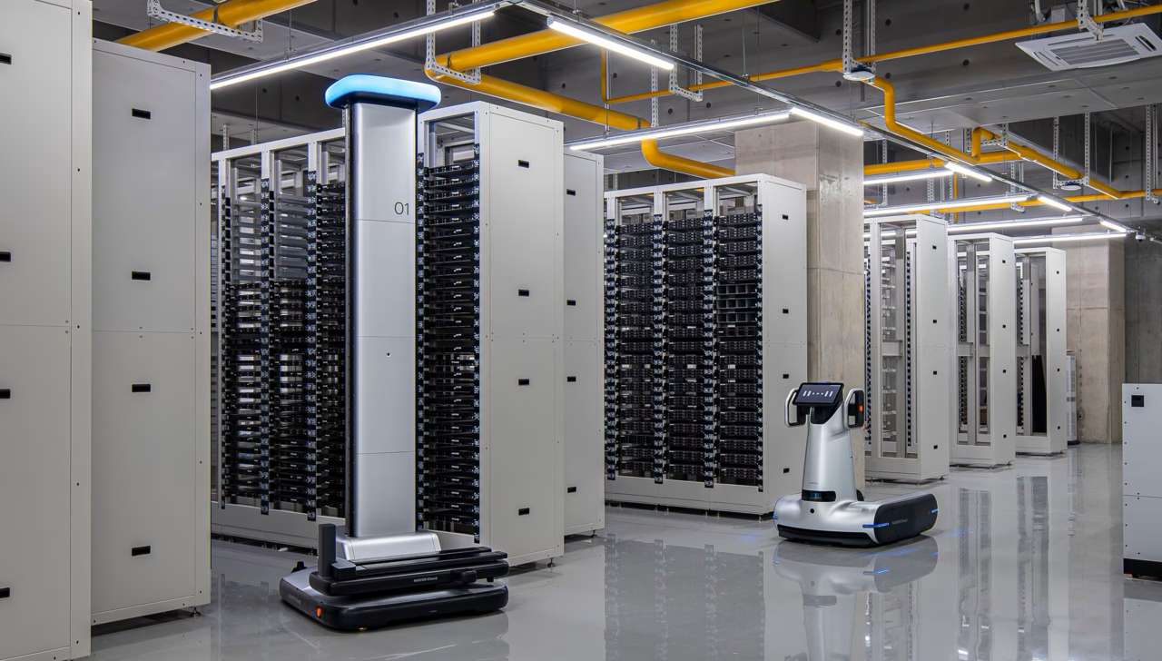 네이버 데이터센터 '각 세종'에 배치된 로봇 세로&가로가 서버 렉을 이동하는 모습. /네이버