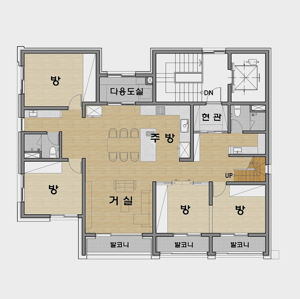 필자가 설계 중인 상가주택 3층의 단독주택, 건축주 요청이기도 했지만 안방을 없애고 모든 방이 평등하게 되어 있다. 건축주는 아이들이 먼저 방을 정하고 남은 방을 쓰겠다고 했다. 건축주는 리더로서 가장의 모습이 집을 쓰고자 하는 마음에서 느껴지는 분이었다. /김정관