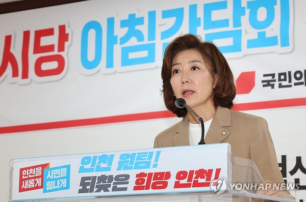 국민의힘 나경원 당 대표 후보가 3일 오전 인천 남동구 인천시당에서 열린 당원들과의 아침간담회에서 정책발표를 하고 있다. /연합뉴스