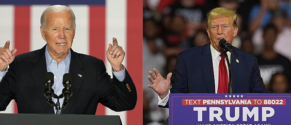 오는 11월 미국 대통령 선거의 민주당 후보 조 바이든 대통령(왼쪽)과 공화당 후보 도널드 트럼프 전 대통령 /AP=연합뉴스