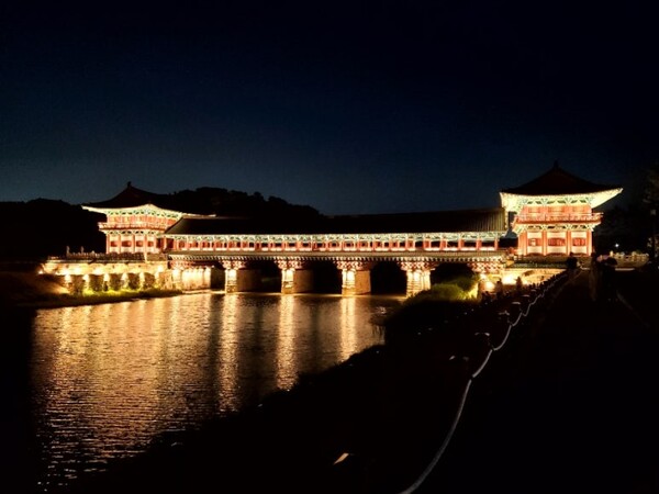 숙소로 가는 길에 멀리서 찍은 월정교 전체 모습. /사진=양은심