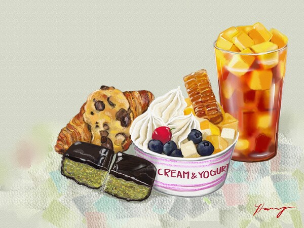 갤럭시노트로 그려 본 2024 디저트인 요아정, 크루키, 아망추 그리고 두바이초콜릿 /그림=홍미옥