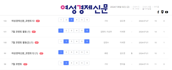 7월 4주 차(7월 22~28일) 여경 코멘토 활동 리스트 /여성경제신문 캡처