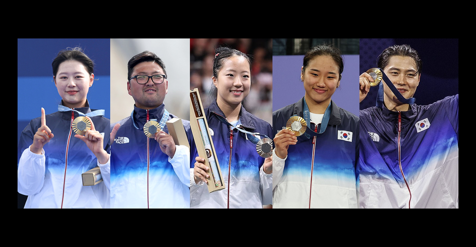 좌측부터 임시현, 김우진, 신유빈, 안세영, 오상욱 올림픽 국가대표 선수 /연합뉴스