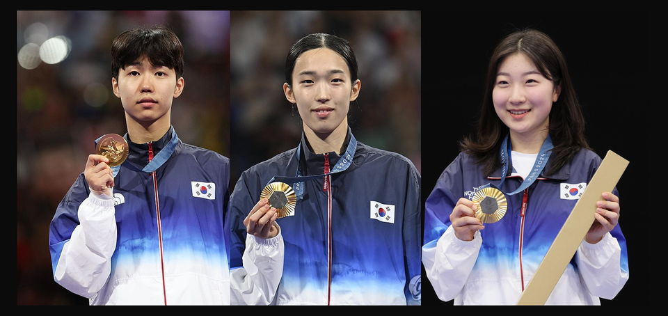 파리올림픽 금메달리스트들. 왼쪽부터 박태준(태권도), 김유진(태권도), 반효진(사격) /연합뉴스
