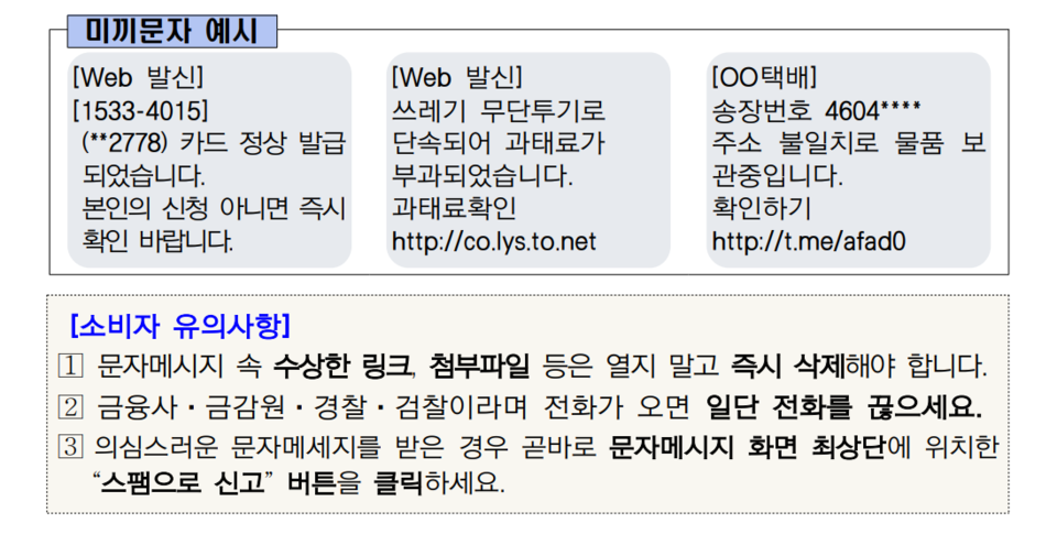 금융감독원(금감원)은 '쓰레기 무단투기로 단속되어 과태료가 부과되었습니다. 과태료 확인(링크)'과 같은 미끼 문자를 예로 들며 "링크를 클릭하지 말라"고 당부했다. /금융감독원