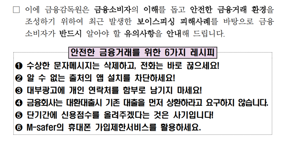22일 금감원 금융사기대응단은 '안전한 금융거래를 위한 6가지 레시피' 금융소비자 대응 요령을 발표했다. /금융감독원