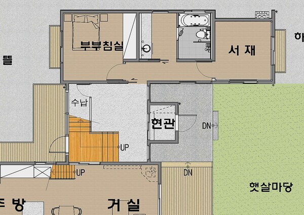 필자가 설계한 단독주택 심한재. 안방을 따로 두지 않고 욕실을 가운데 두고 부부 침실과 서재로 영역을 독립시켰다. 부부가 방을 따로 쓴다고 해도 욕실을 공유하는 하나의 영역에서 생활하게 된다. 방문을 닫지 않고 생활한다면 각방이라는 단절감은 완화되는 공간이다. /김정관