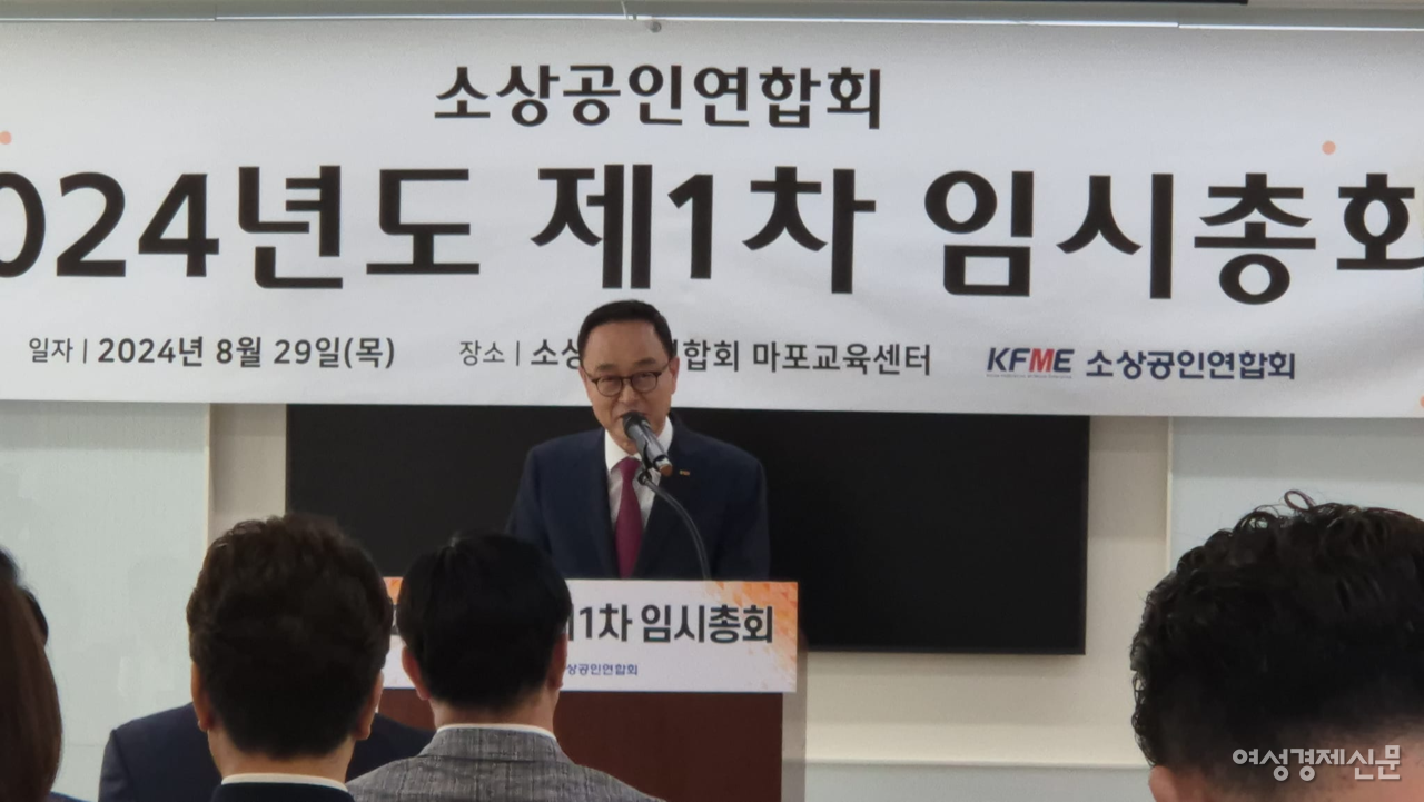 지난 29일 마포 교육센터에서 열린 2024년도 제1차 임시총회에서 송치영 한국산업용재협회장이 제5대 소상공인연합회 회장으로 선출됐다. /이상헌 기자