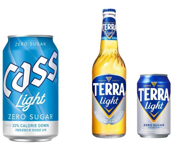 (왼쪽부터) 오비맥주 카스 라이트, 하이트진로 테라 라이트 /각 사 