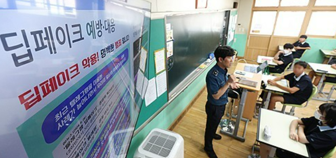 지난 8월 30일 대구 수성구 시지중학교에서 학교전담경찰관(SPO)이 학생들을 대상으로 딥페이크 성착취물 범죄 예방 교육을 하고 있다. /연합뉴스