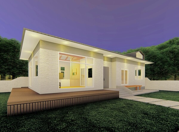 필자 설계 양산 지산심한 3D 이미지. 서른 평(99㎡)으로 지은 단독주택, 거실과 침실이 계단 홀로 구분되어 있어 손님맞이에 거리낌이 없게 설계되어 있다. 다락 층에 방이 두 개 마련되어 있어 손님이 편히 묵어갈 수 있다. 사위나 며느리가 와도 어른들과 불편 없이 지낼 수 있도록 설계된 집이라 할아버지 할머니와 손주가 정이 들 수 있겠다.